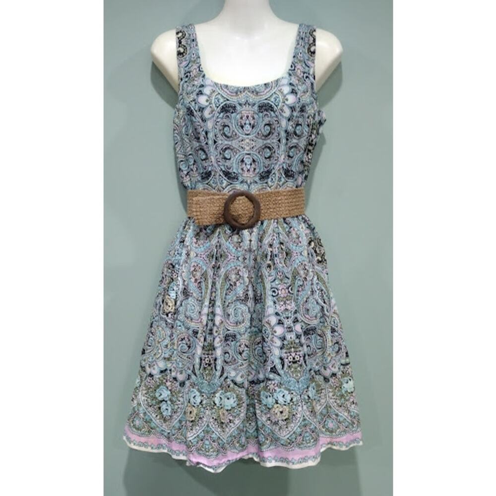 Nine West Belted Sleeveless Dress, Aqua‎ Multi, Size 4